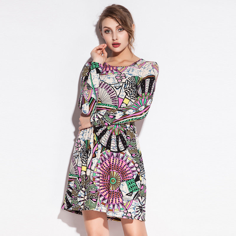 Fashion Print models Waist Wrinked One Piece Cotton Dresses