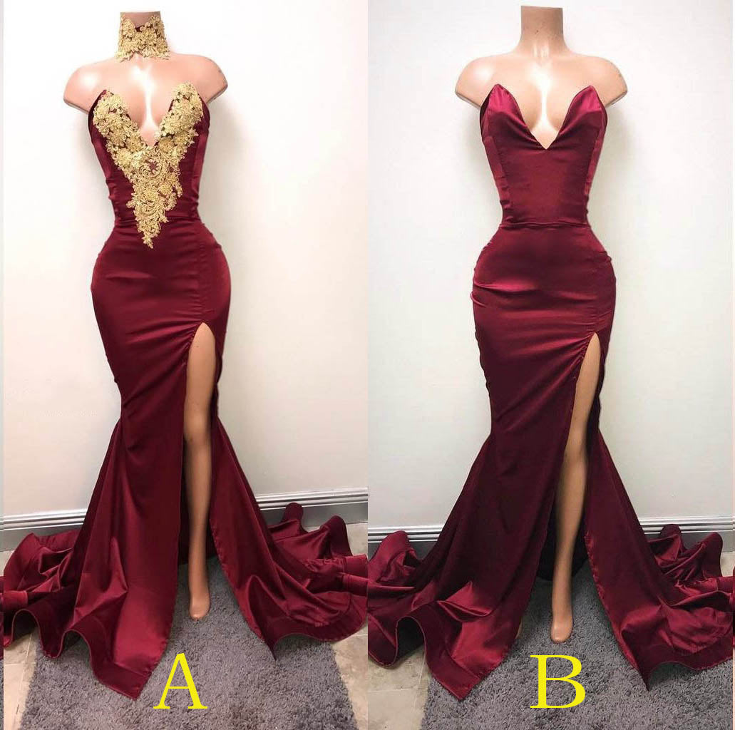 Burgundy V Neck Sleeveless Mermaid Prom Dresses with Gold Appliques Long Evening Dresses N1386