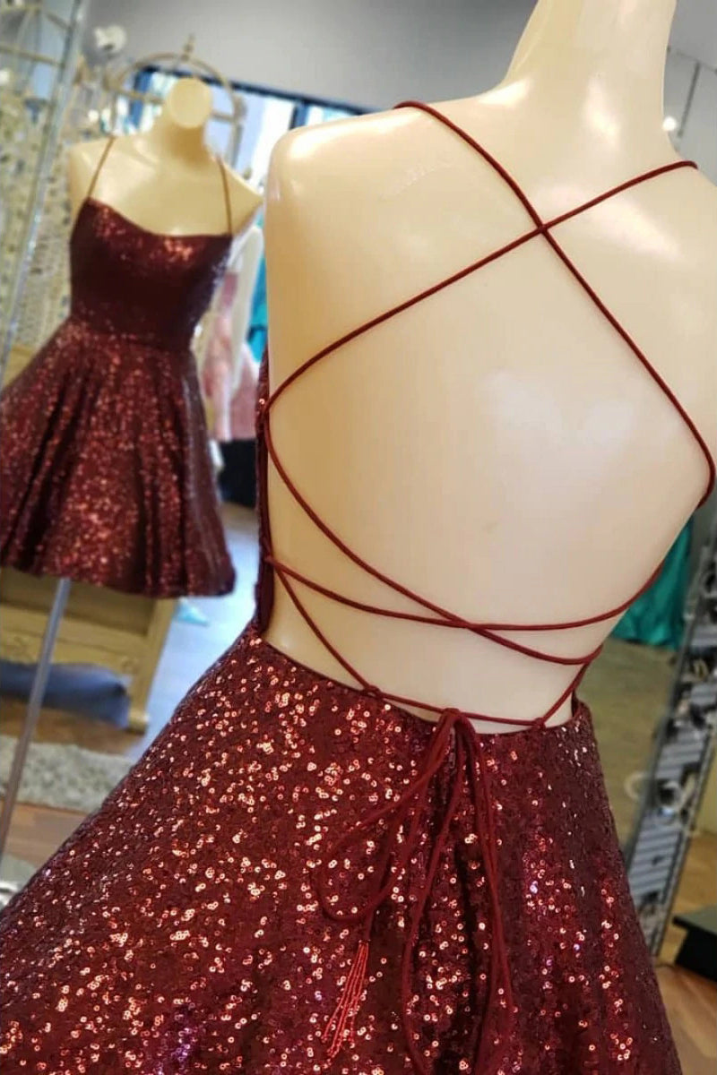 A Line Criss Cross Straps Sequins Short Homecoming Dress