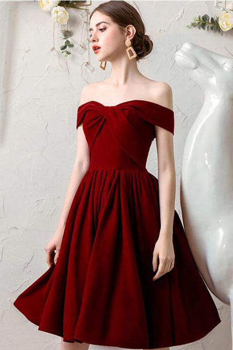 Burgundy Off the Shoulder Pleated Homecoming Dresses Knee Length Graduation Dresses N2191