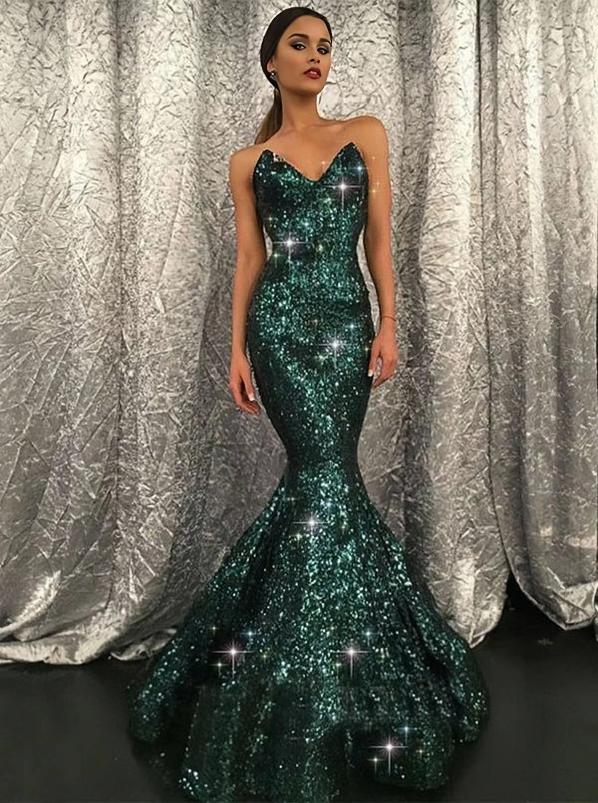 Dark Green Strapless Mermaid Floor Length Sequined Prom Dresses N2616