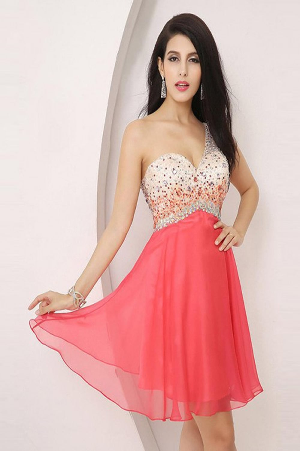 One Shoulder Beading Graduation Homecoming Dresses