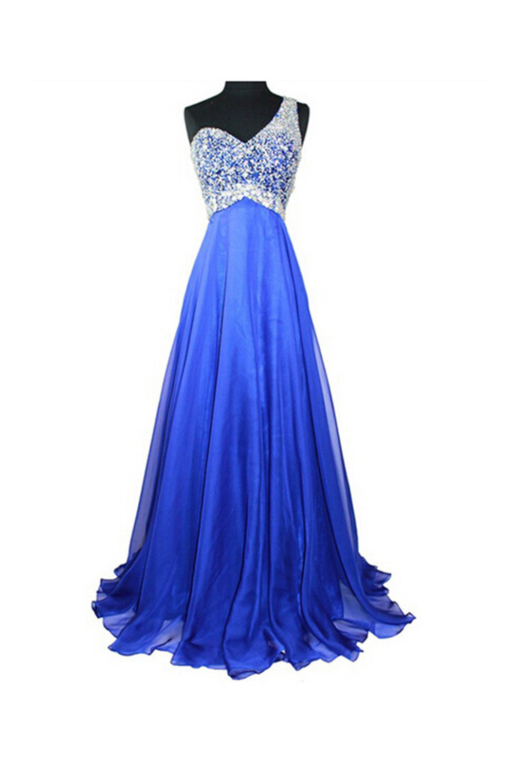 Royal Blue Beaded One Shoulder Long Prom Party Dresses