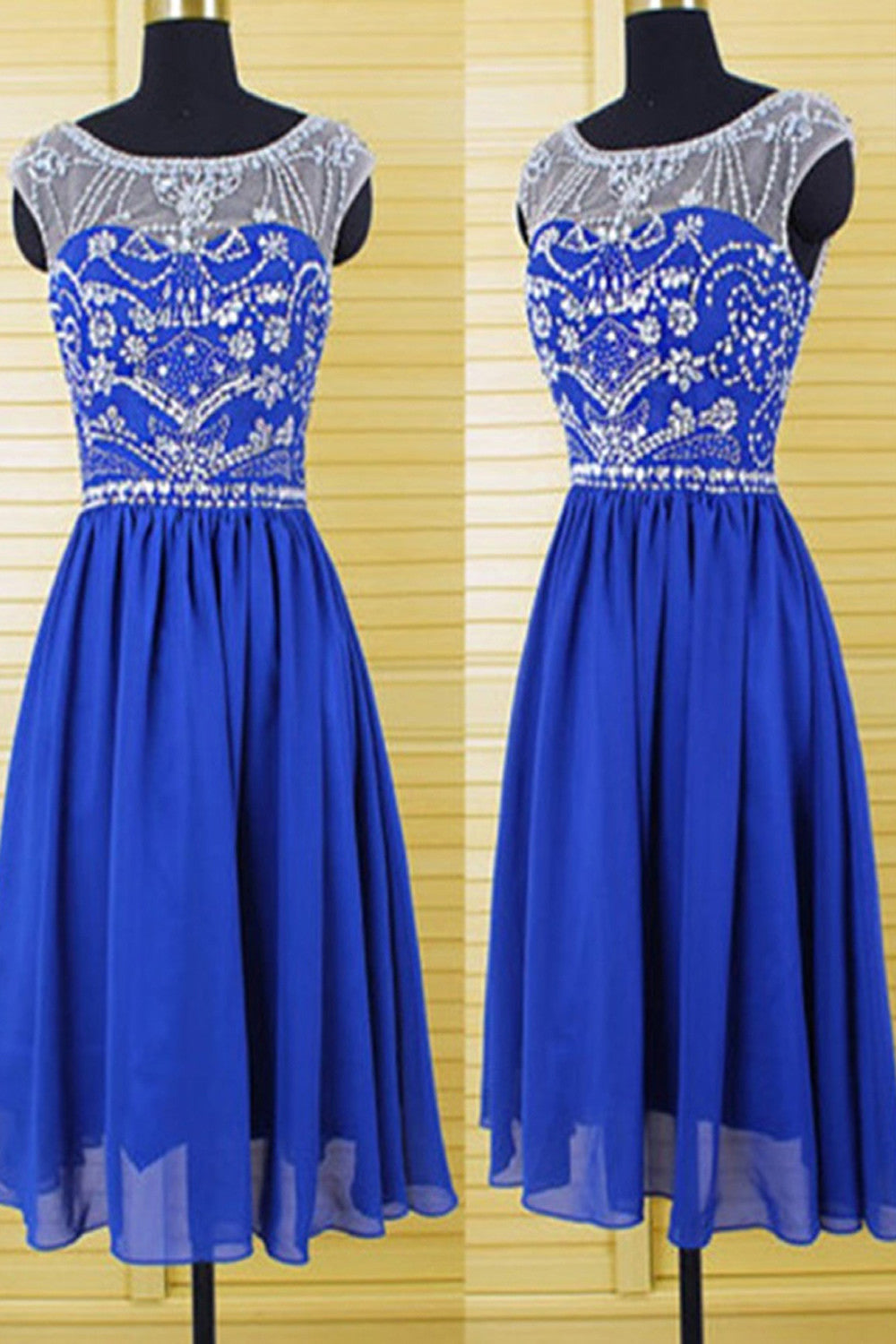 A Line Cap Sleeves Royal Blue Chiffon Homecoming Dress