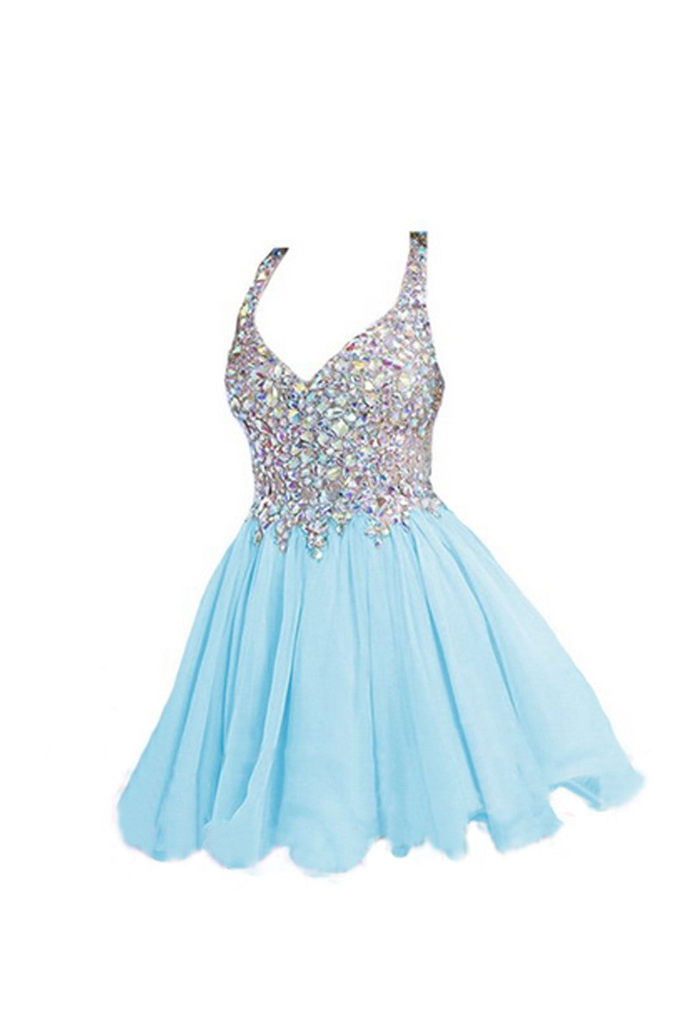 Light Sky Blue Beaded V-Neck Homecoming Dresses