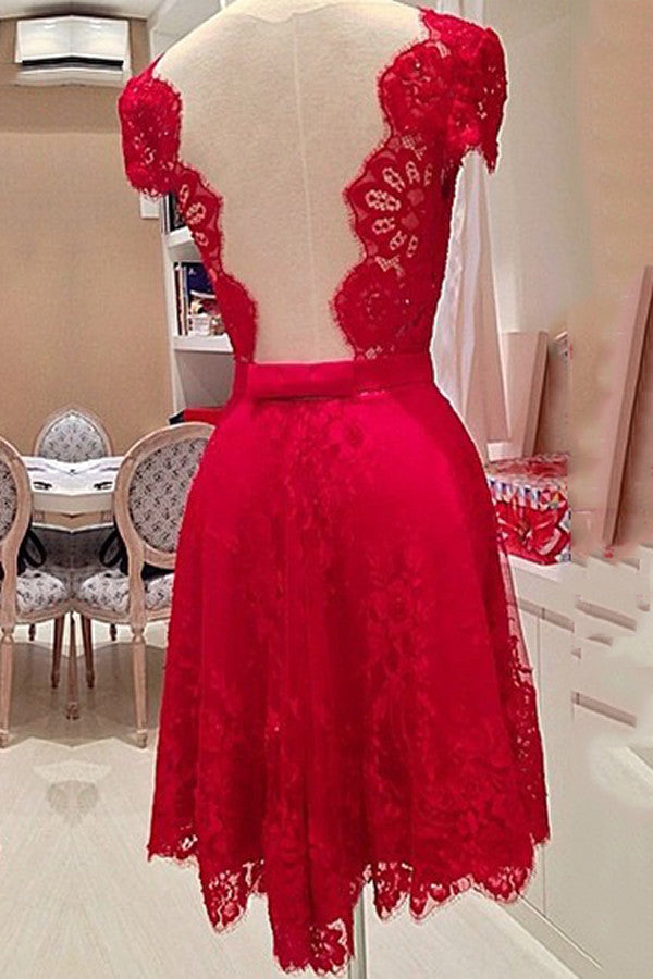 V-Neck Red Open Back Lace Homecoming Dresses