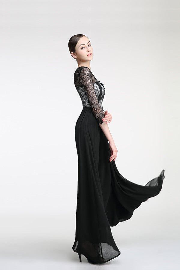 Long Sleeve Black Lace Cap Sleeve Prom Party Dresses