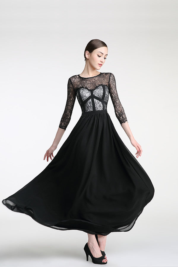 Long Sleeve Black Lace Cap Sleeve Prom Party Dresses