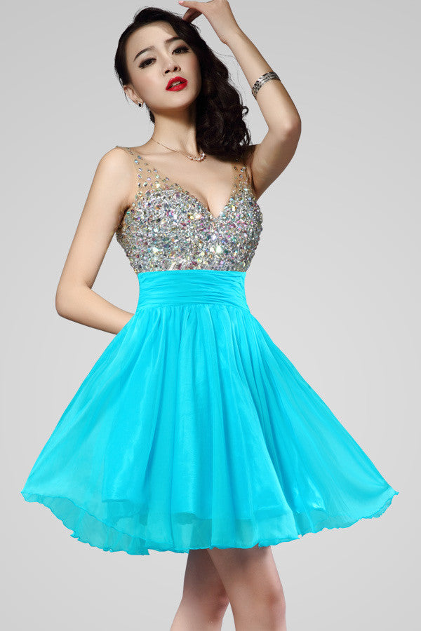 Short V-Neck Chiffon Backless Homecoming Dresses