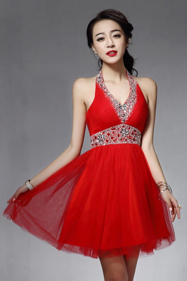 Halter Backless Red Beaded V-neck Homecoming Dresses