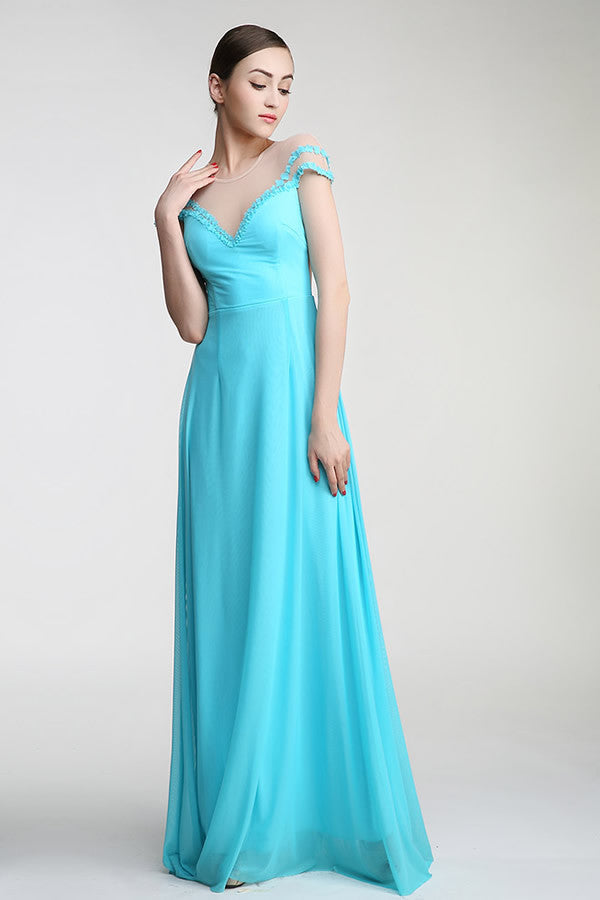 Light Sky Blue Long Deep V-Neck Prom Party Dresses