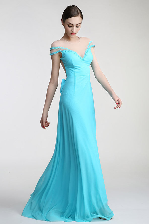 Light Sky Blue Long Deep V-Neck Prom Party Dresses