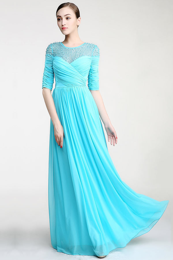 Real Nice Light Sky Blue Chiffon Half Sleeve Prom Dresses