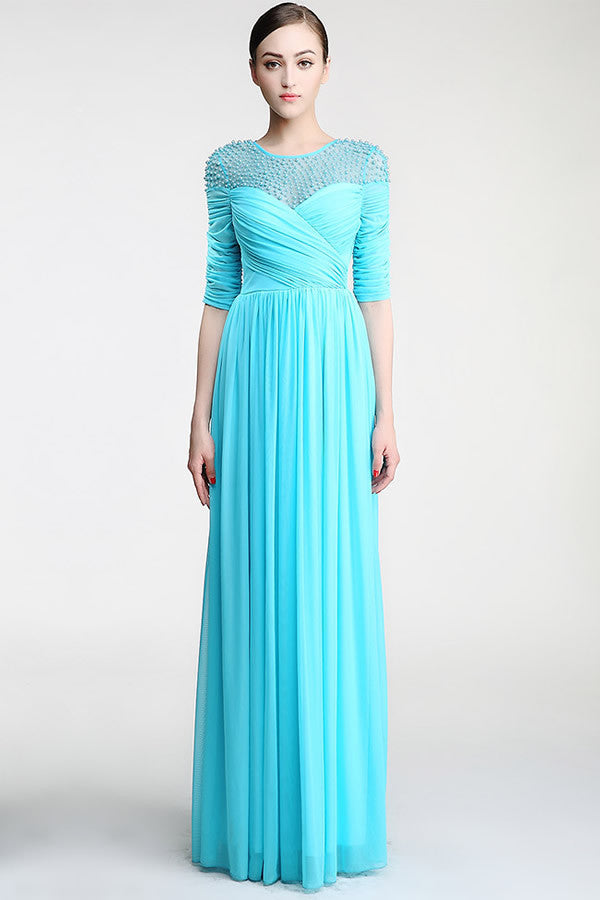 Real Nice Light Sky Blue Chiffon Half Sleeve Prom Dresses