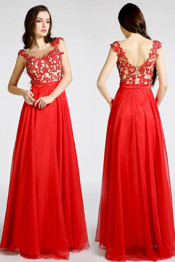 Red Sheer Neck Sleeveless Open Back Lace Appliques Beaded Prom Dresses