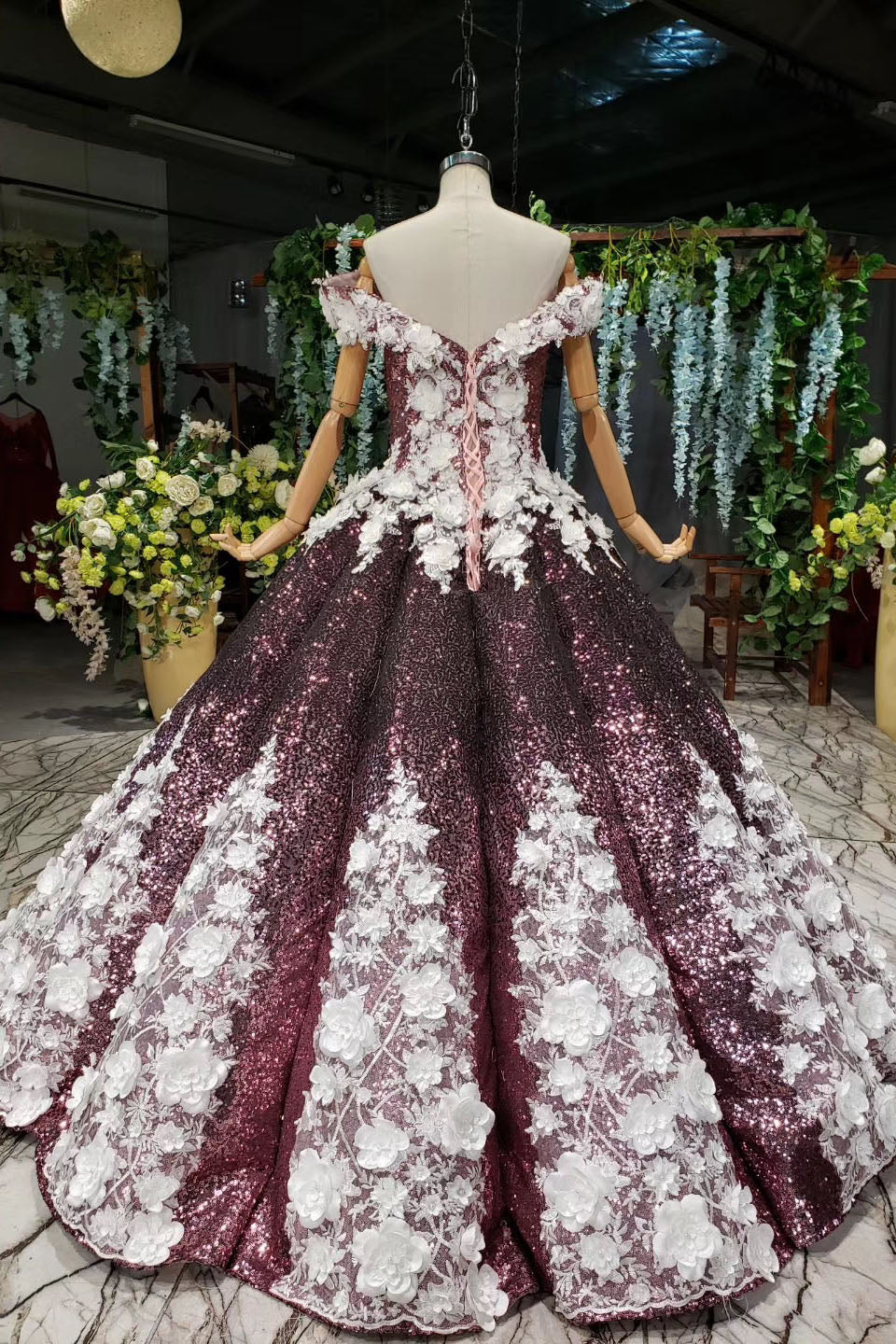 Sparkly Off the Shoulder Long Prom Dresses with Flowers Ball Gown Quinceanera Dresses N2494