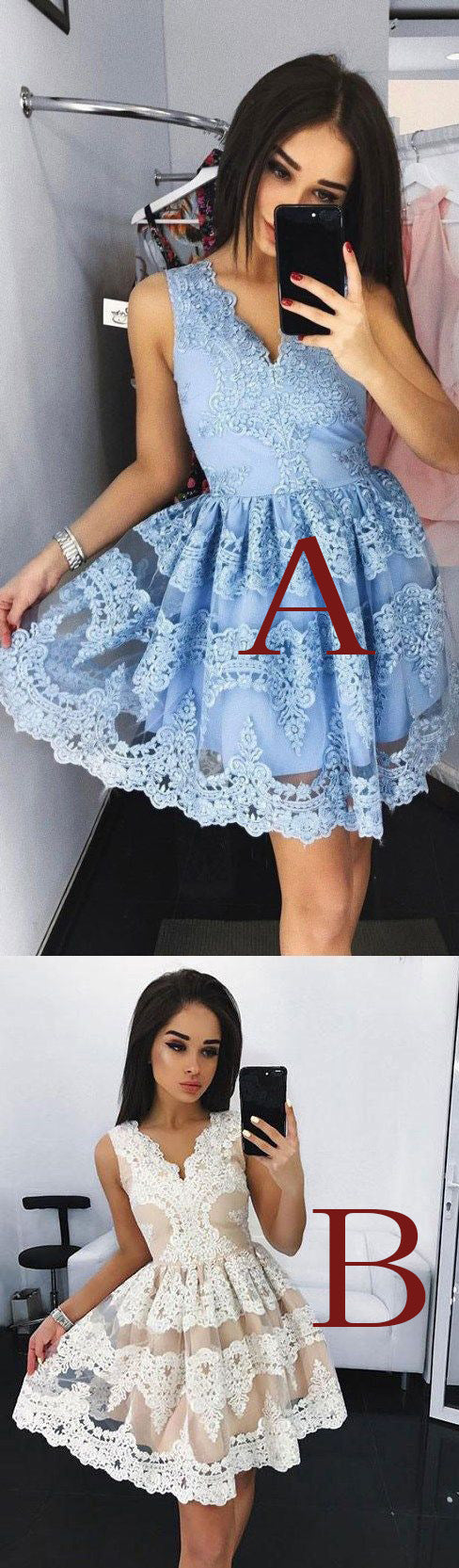 Cute Mini V-Neck Blue Lace Appliqued Homecoming Dresses