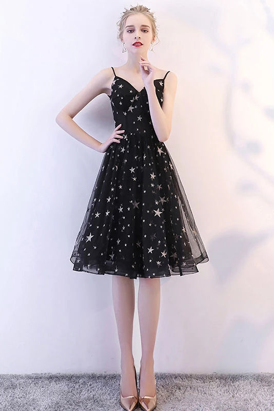 Glitter Black Spaghetti Straps V-Neck Tulle Graduation Dresses with Stars