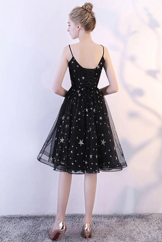 Glitter Black Spaghetti Straps V-Neck Tulle Graduation Dresses with Stars