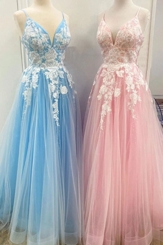 New Spaghetti Strap Floor Length A Line Tulle Prom Dress with Lace Appliques, Formal Dress N2649