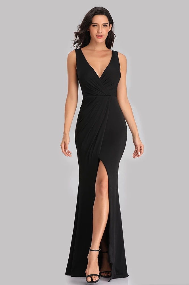 Unique Black V-Neck Mermaid Prom Dresses with Slit Affordable Evening Dresses XU90817