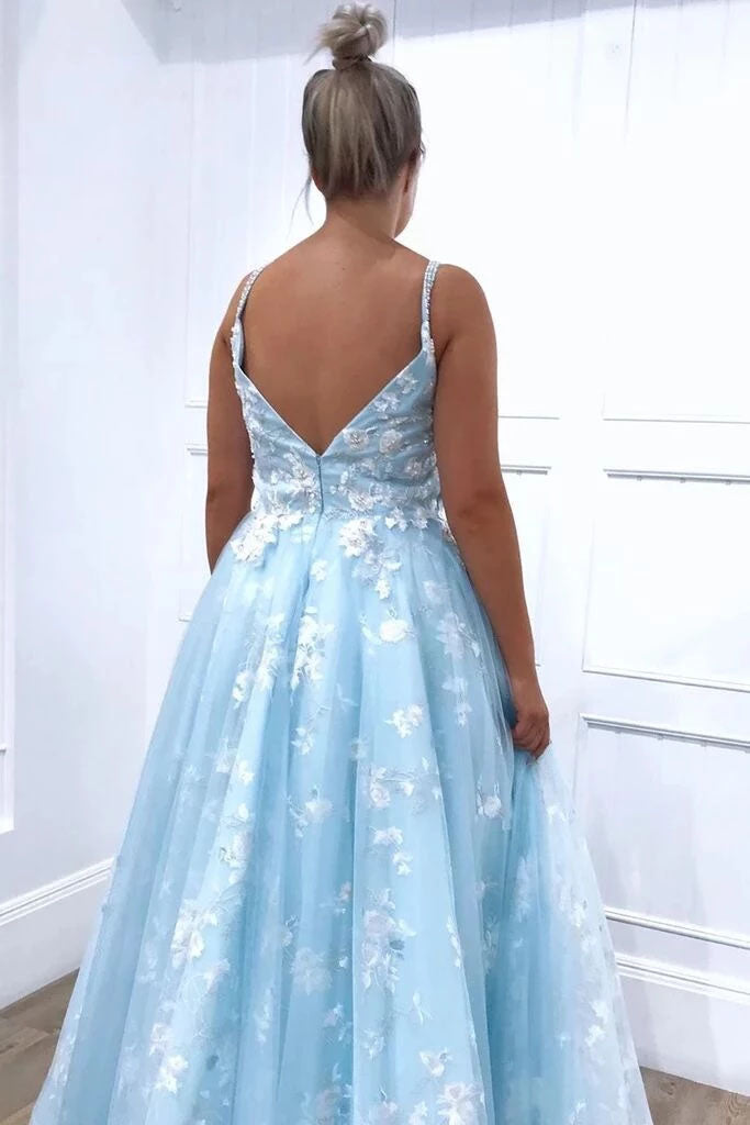 Spaghetti Straps Sleeveless Lace Appliqued Floor Length Prom Dresses