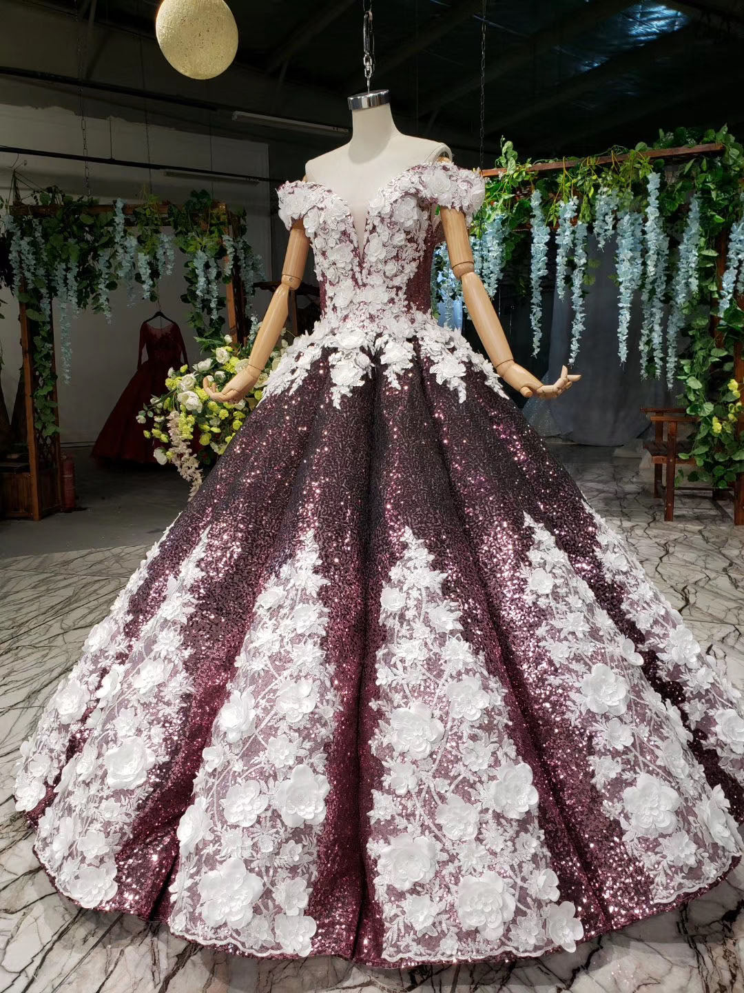 Sparkly Off the Shoulder Long Prom Dresses with Flowers Ball Gown Quinceanera Dresses N2494