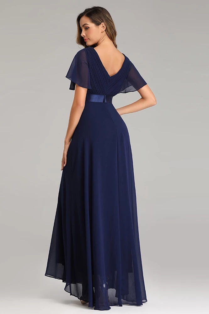 Flowy Chiffon Dark Navy Blue Prom Dresses V-Neck Short Sleeve Long Bridesmaid Dresses XU90812