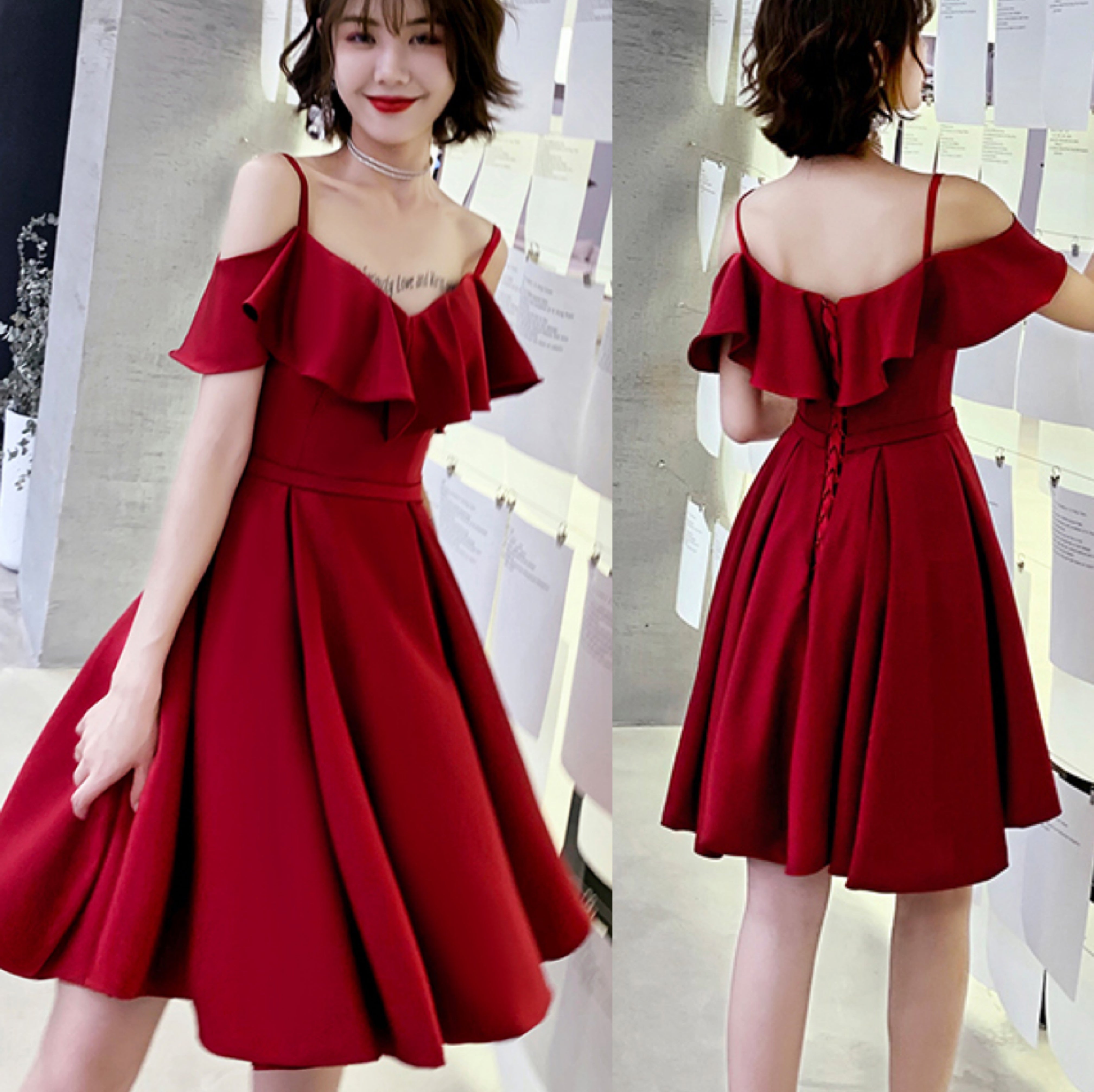 Burgundy Straps Off the Shoulder Knee Length Homecoming Dresses with Ruffles N1960