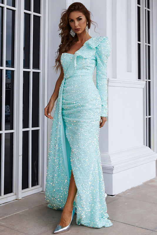 Trumpet One Shoulder Ruffle Long Sleeve Evening Party Dresses Side Split Sequins Prom Dresses