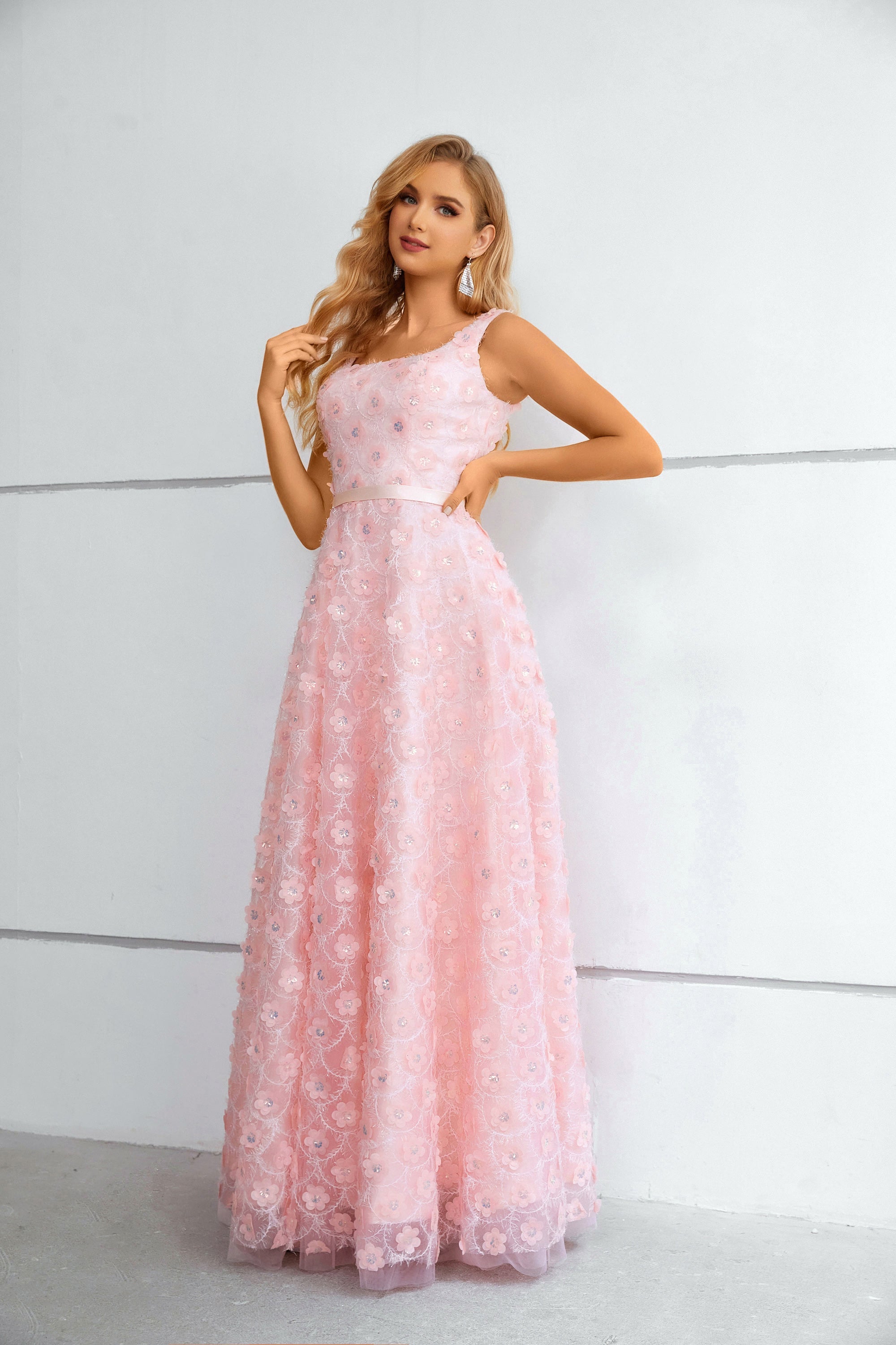 Pink Sweet Flower Prom Dress Long Lace Straps Party Dress