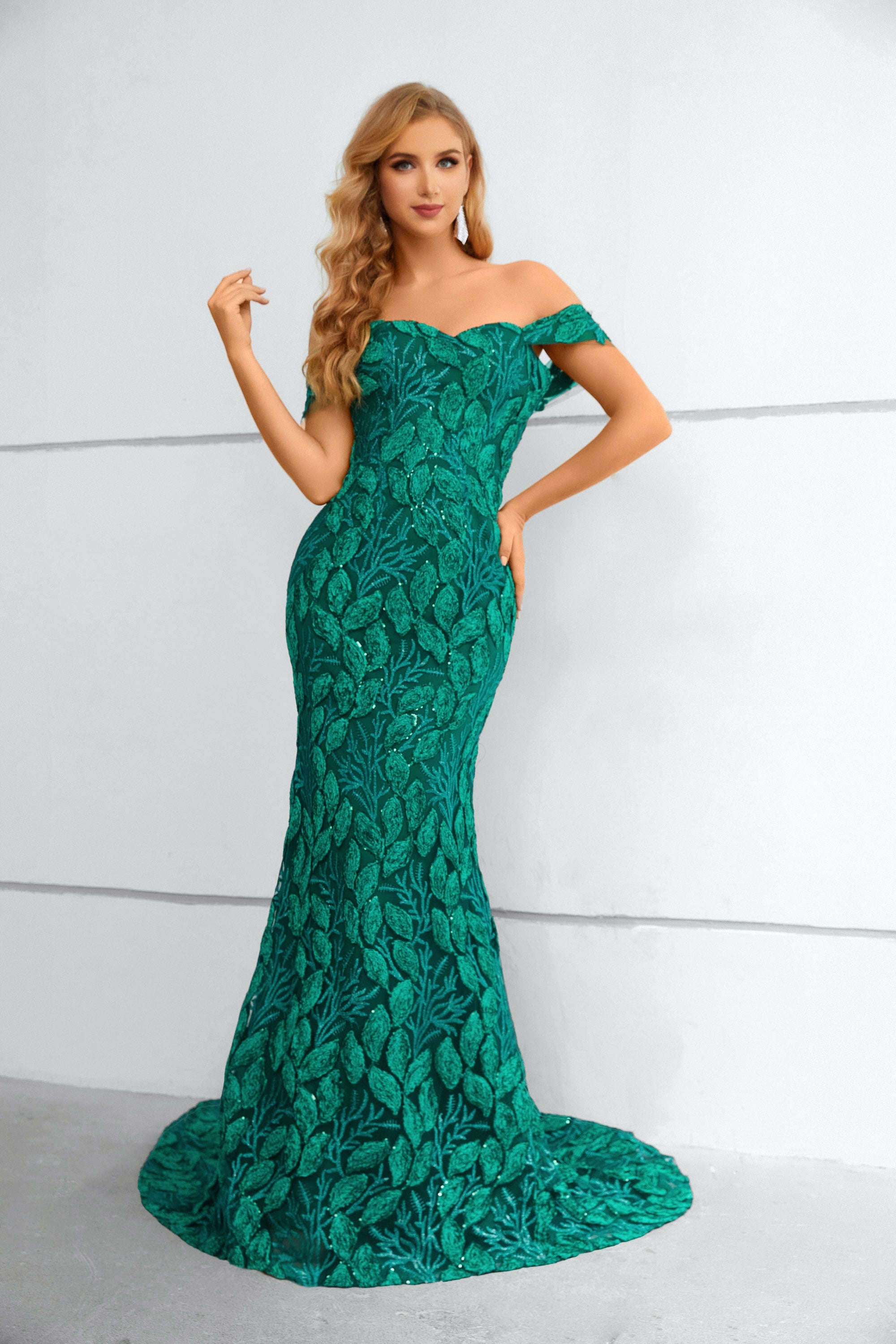 Off the Shoulder Green Appliques Prom Dress Mermaid Long Evening Dress