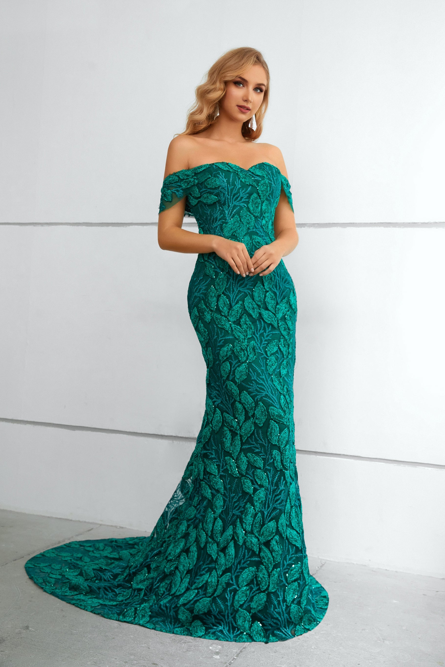 Off the Shoulder Green Appliques Prom Dress Mermaid Long Evening Dress