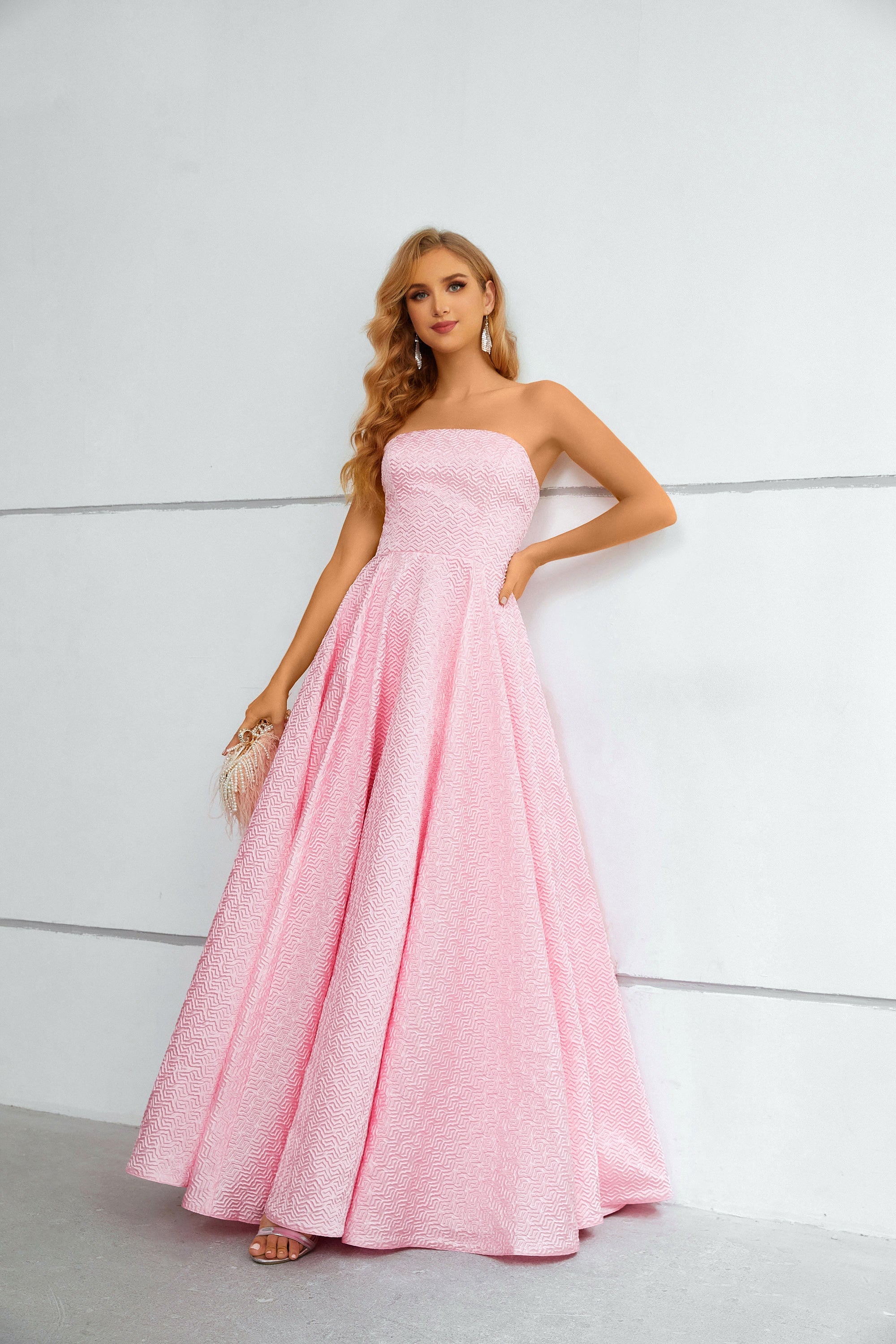 A Line Pink Strapless Floor Length Party Prom Dress