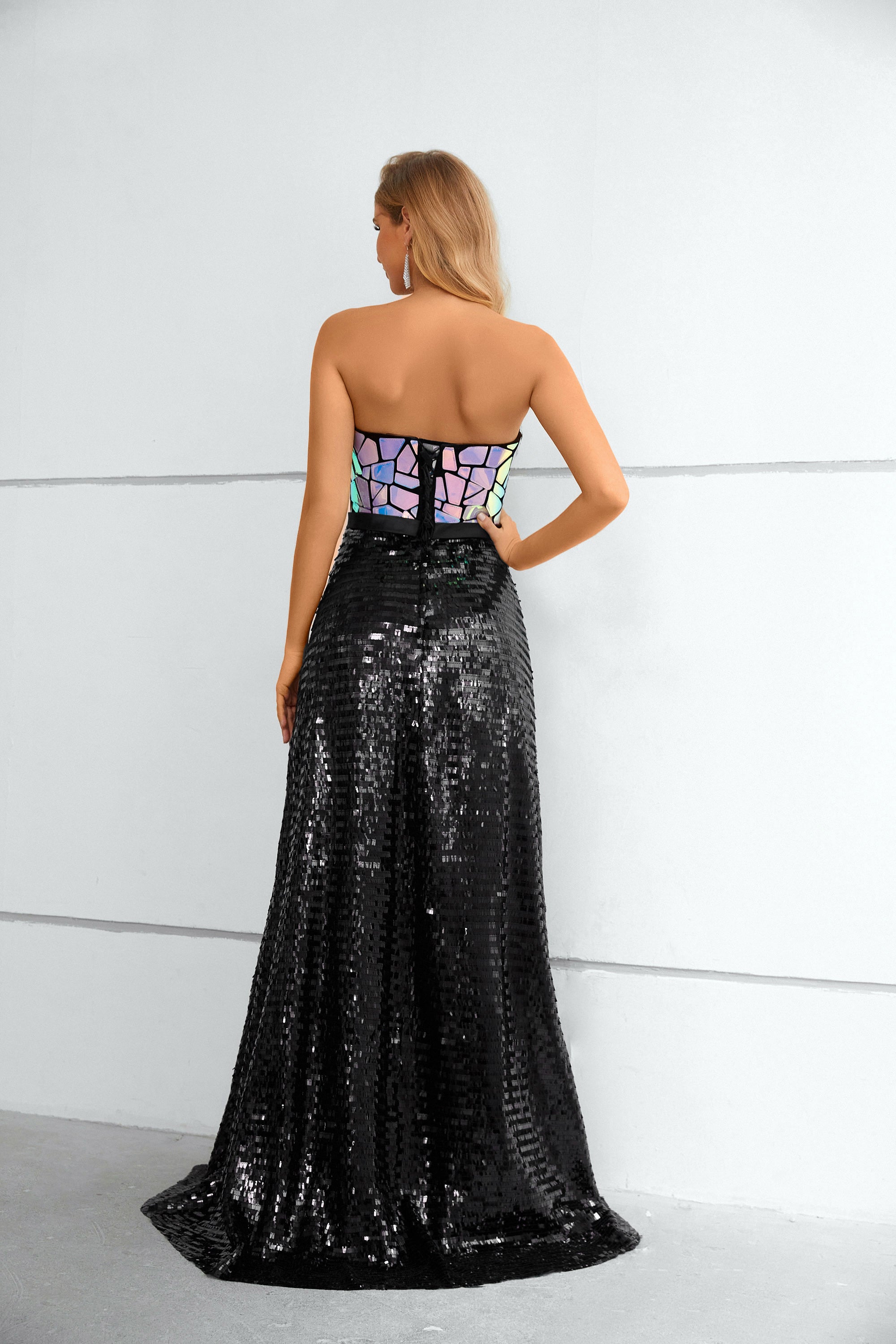 Unique Shiny Strapless Prom Dress Black Sequins Long Evening Dress