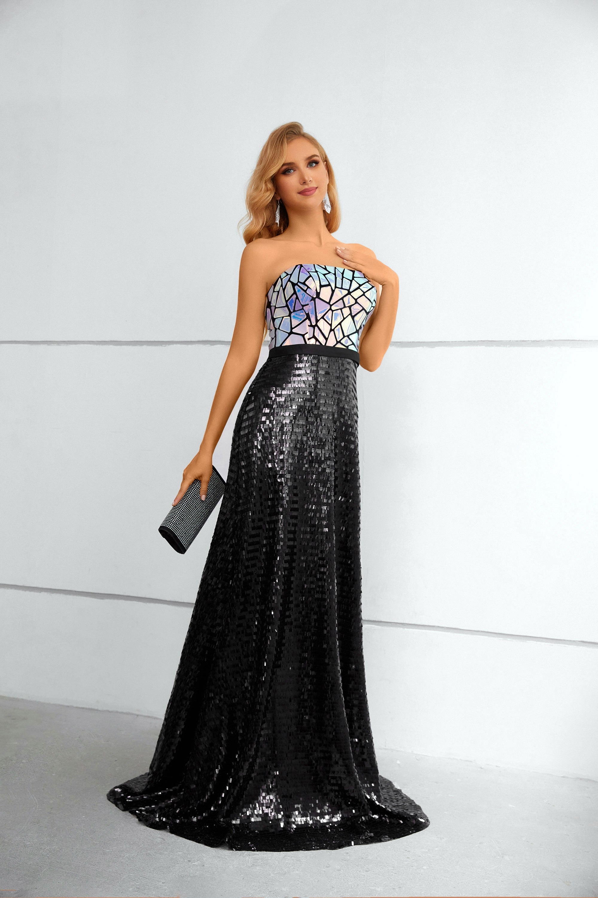 Unique Shiny Strapless Prom Dress Black Sequins Long Evening Dress