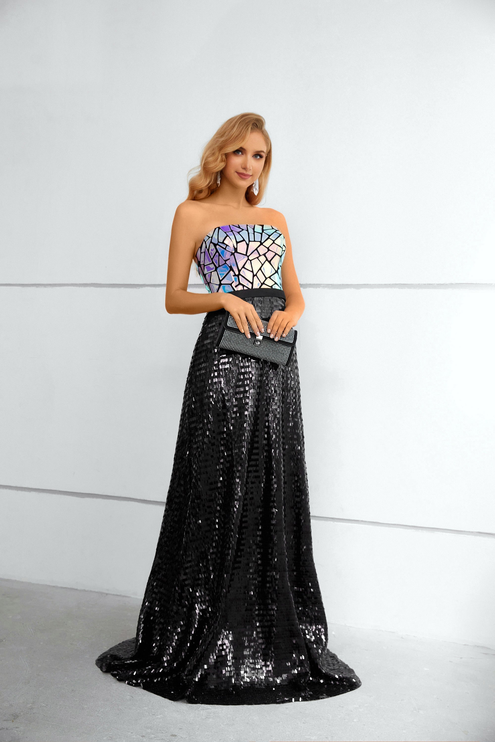 Unique Shiny Strapless Prom Dress Black Sequins Long Evening Dress