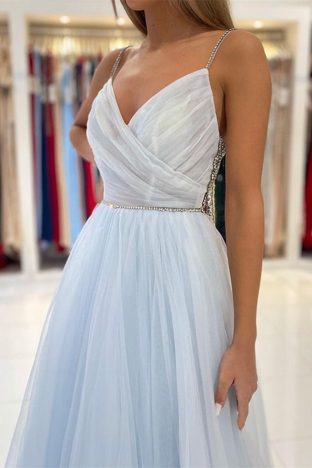 Spaghetti Straps V-Neck Tulle Long Prom Dress With Beads PD0678