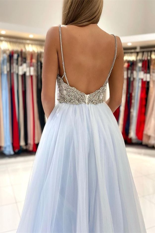 Spaghetti Straps V-Neck Tulle Long Prom Dress With Beads PD0678