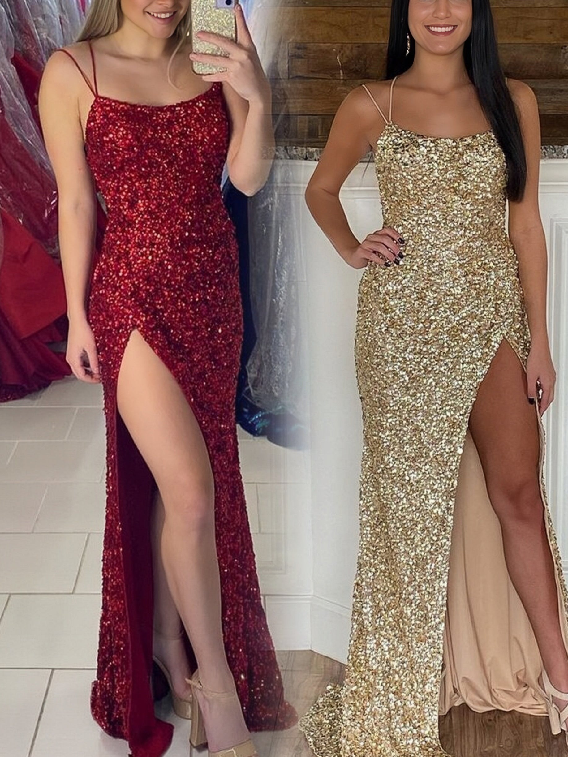 Mermaid Shiny Sequins Side Slit Evening Party Dresses Long Prom Dresses