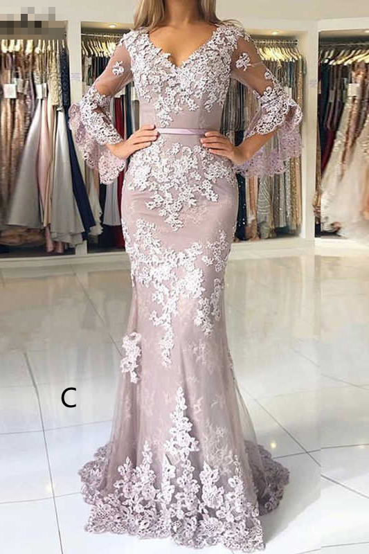 Mermaid White V-Neck Lace Appliqued Evening Dresses with Sleeves N2026