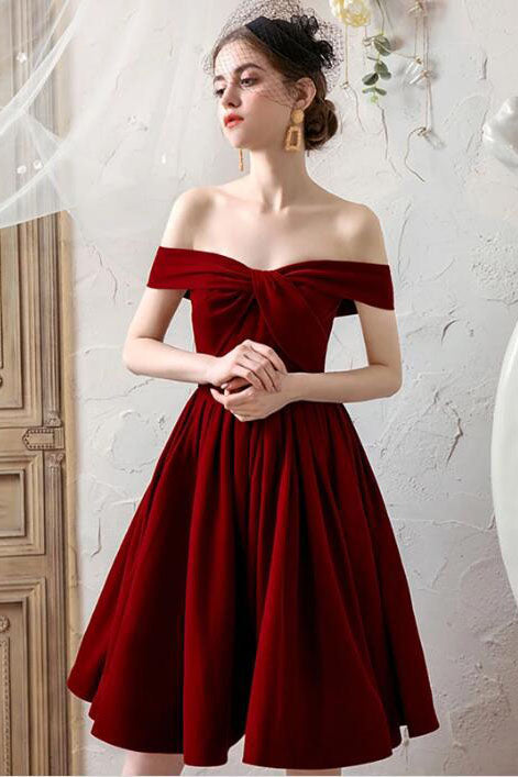 Burgundy Off the Shoulder Pleated Homecoming Dress, Knee Length Graduation Dresses N2191