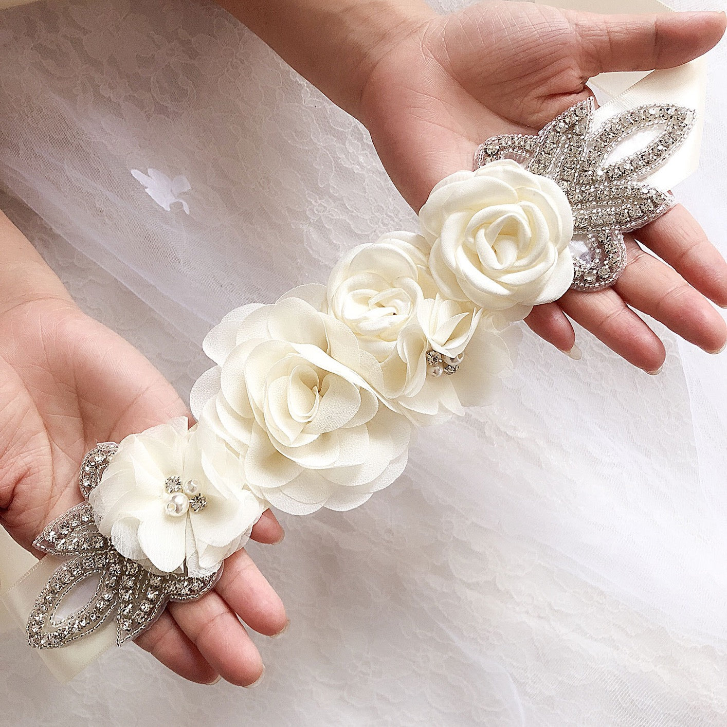 Rose Flower Rhinestone Pearls Wedding Sash B02