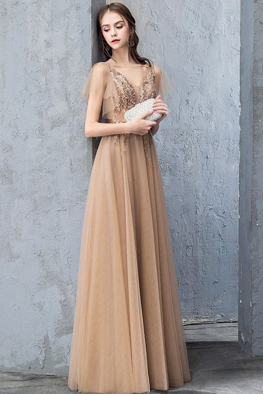 A Line V-Neck Short Sleeves Long Tulle Prom Dresses Evening Dresses with Beading  N2656