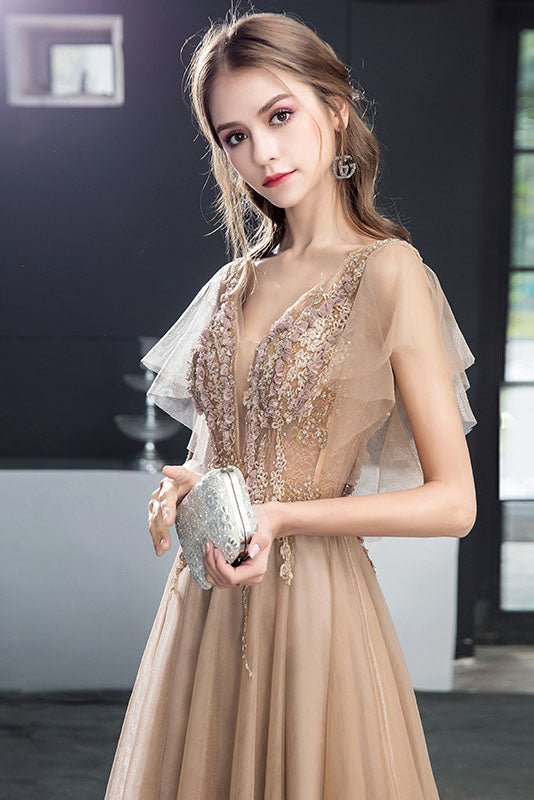 A Line V-Neck Short Sleeves Long Tulle Prom Dresses Evening Dresses with Beading  N2656