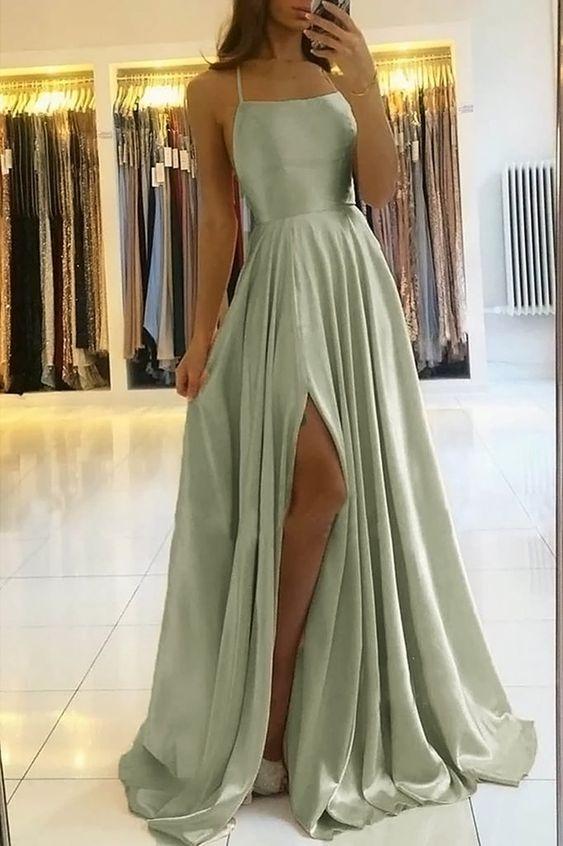 Spaghetti Straps Dusty Sage Side Slit Long Prom Dresses