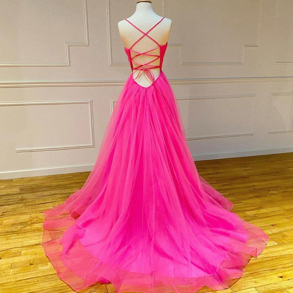 Spaghetti Straps Tulle Prom Dresses Floor Length V-Neck Split Party Dresses PO338