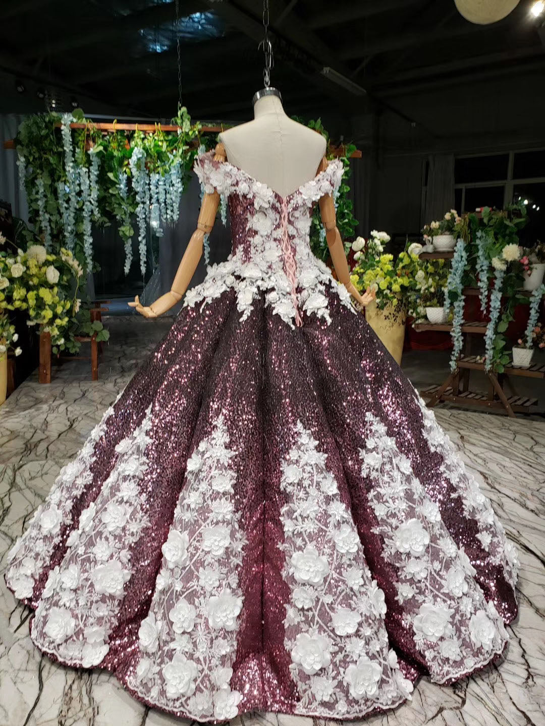 Sparkly Off the Shoulder Long Prom Dresses with Flowers Ball Gown Quinceanera Dresses N2494