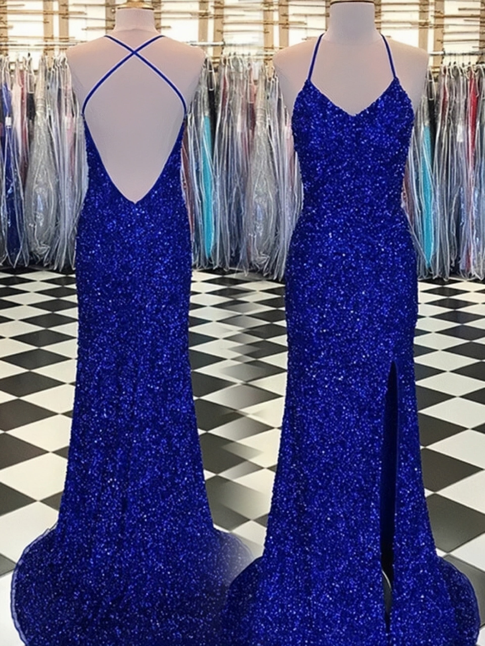 Royal Blue Spaghetti Straps Backless Long Sheath Prom Dress Y0329