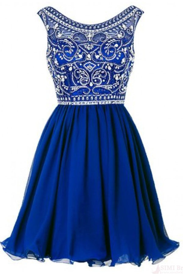 A Line Royal Blue Beading Bodice Knee Length Chiffon Homecoming Dresses